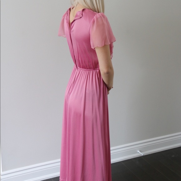 70’s Pink Ruffle Breast Dress with Sheer Sleeves - Picture 6 of 6